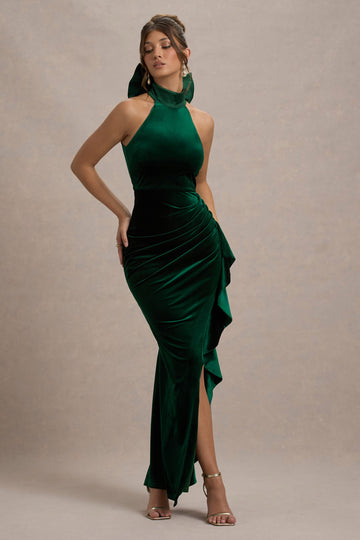 Janiya Green Velvet High-Neck Ruffled Split Maxi Dress